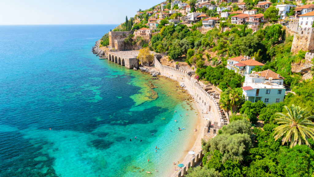 Alanya, Antalya district, Turkey shipyard from Kizil Kule tower in Alanya peninsula,