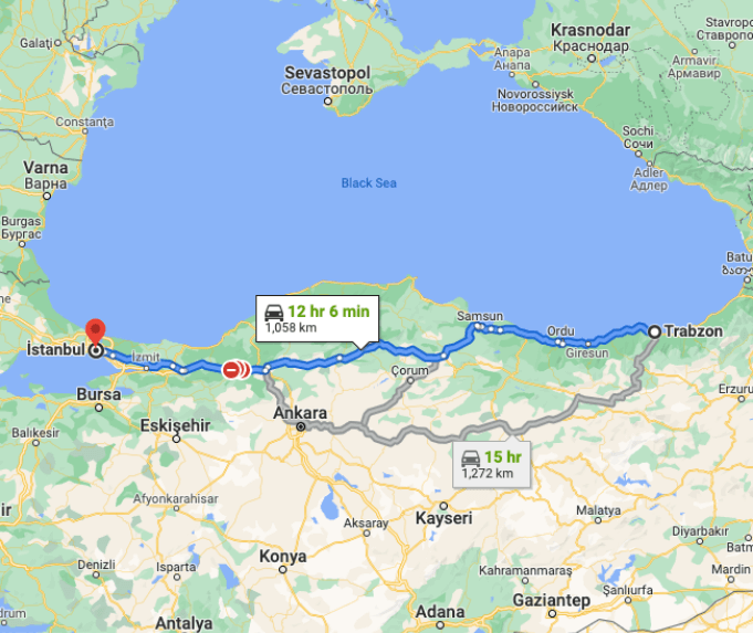 distance between Trabzon and Istanbul